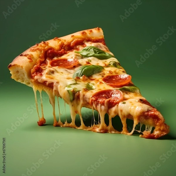 Fototapeta slice of delicious pizza on isolated green color background 