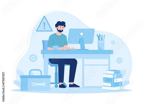 Fototapeta Mechanics work using computers concept flat illustration