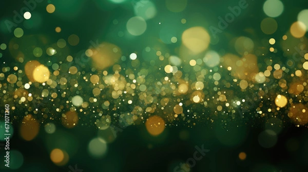 Fototapeta Abstract blur bokeh banner background. Gold bokeh on defocused emerald green background