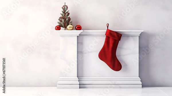 Fototapeta Christmas stocking hanging with xmas tree and balls on a white wall background.
