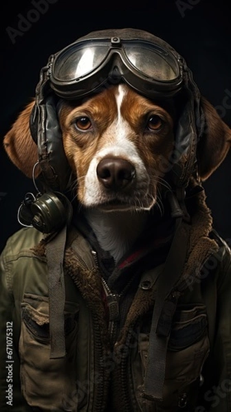 Obraz Portrait of a Cute and Curious Black Brown and White Beagle dressed up as a Pilot Sitting in a simple Black Room.