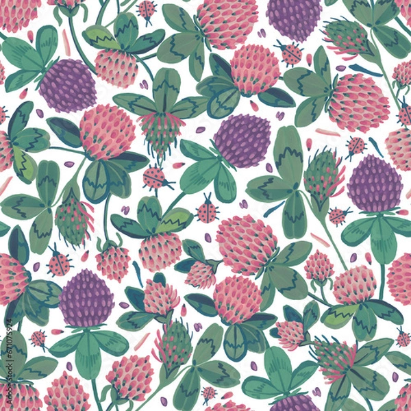 Obraz Seamless pattern. Gouache technique. Flowers, clover leaves and ladybugs.
