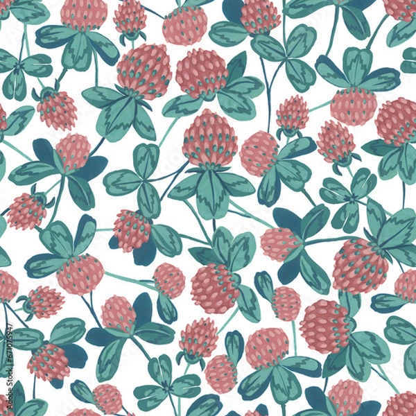 Fototapeta Seamless pattern. Gouache technique. Clover flowers and leaves.