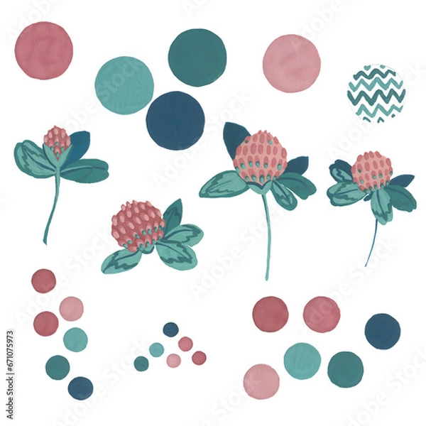 Fototapeta Flower, petals and leaves of clover.Circles. Gouache illustration. Isolated objects on a white background.