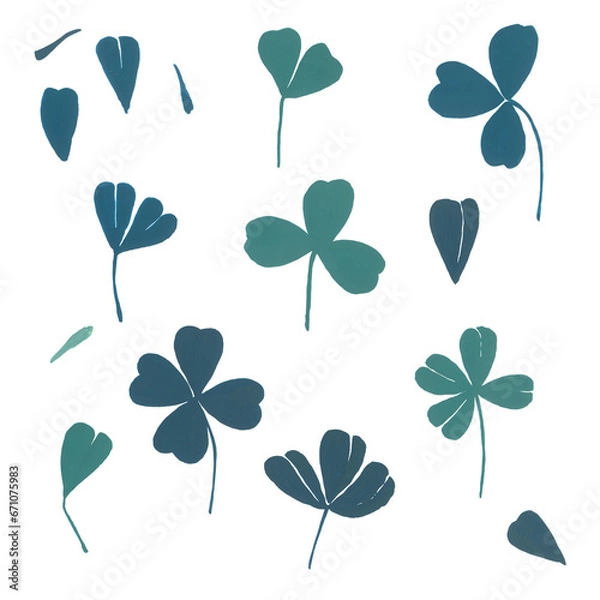 Fototapeta Clover leaves. Gouache illustration. Isolated objects on a white background.