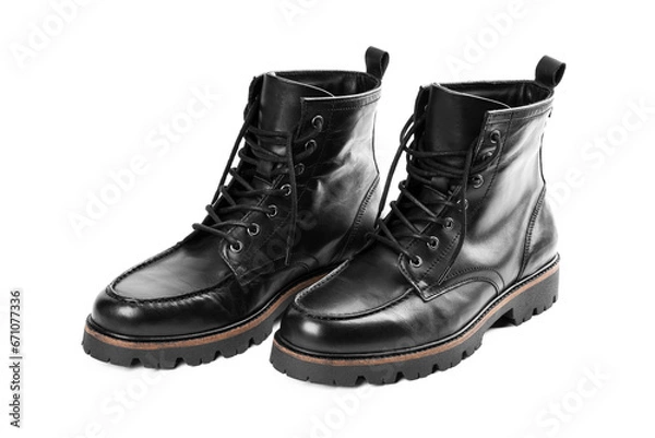 Fototapeta Pair of black leather boots, dress boots for men, men ankle high boots. Black brogue boots on a white background. Men fashion in leather boots. Man's legs in black jeans and brown leather boots.