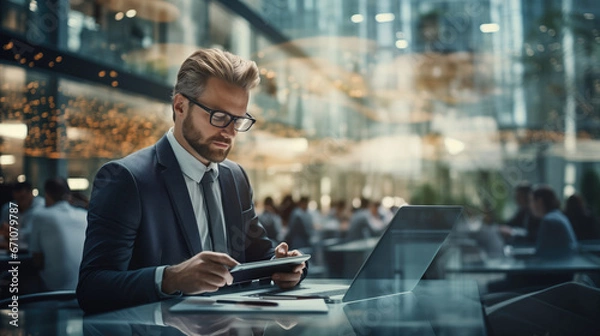 Fototapeta businessman working on computer in modern office and big glass in city