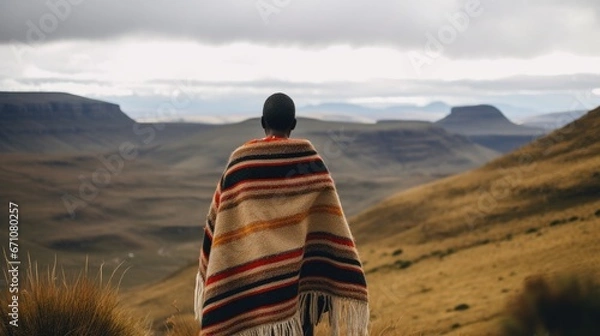 Fototapeta Unidentified backview of a Basotho man wearing traditional blanket in the Mountains of Lesotho 