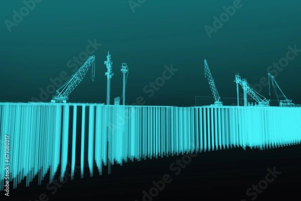 Fototapeta Berth construction. Scheme. The scene of the construction of a berth with a pile foundation and equipment (floating and crawler crane, pontoon, drilling rig, vibration loader.  3d-rendering