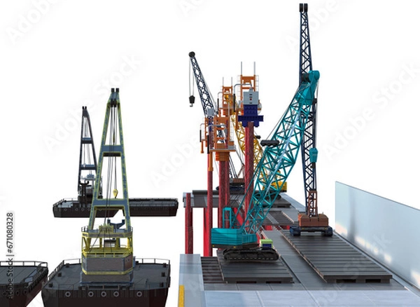 Fototapeta Berth construction. Isolated on white. The scene of the construction of a berth with a root part, a pile foundation and equipment (floating and crawler crane, pontoon, drilling rig, vibra 3d-rendering