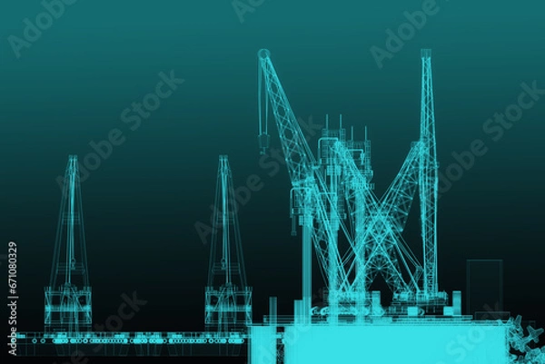 Fototapeta Berth construction. Scheme. The scene of the construction of a berth with a pile foundation and equipment (floating and crawler crane, pontoon, drilling rig, vibration loader.  3d-rendering