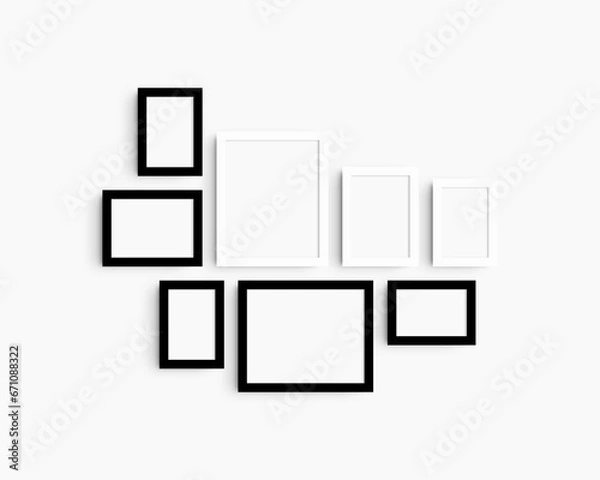 Fototapeta Gallery wall mockup set, 8 black and white frames. Modern frame mockup. Horizontal, vertical frames, 4x6 (2:3), 6x4 (3:2), 5x7 (5:7), 7x5 (7:5), 8x10 (4:5), 10x8 (5:4) inches. White wall.