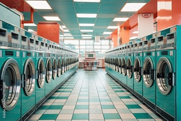 Fototapeta Multiple Industrial Washing Machines in Laundry Shop, Washing with hot and cold water keeps clothes clean and trendy.
