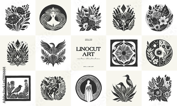 Fototapeta Abstract linocut flowers with magic, girls and mystical in ornate rural folk scandinavian style. Hand drawn Illustration, Linocut Blockprint.