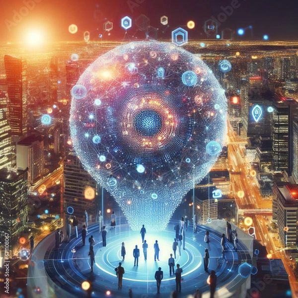 Obraz Big Data AI concept individuals find themselves towering structures interconnected by a web of data