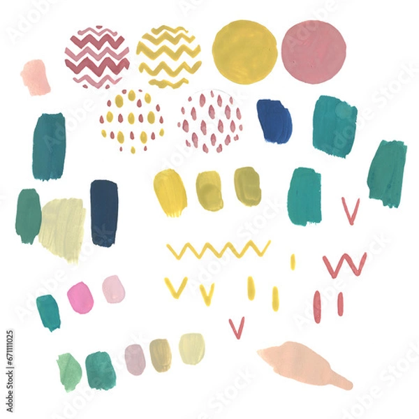 Fototapeta Zigzag, spots, circles. Gouache illustration. Isolated objects on a white background.