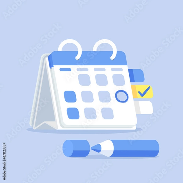 Fototapeta Blue pen marks the date, holiday, priority, important, reminder day on cute mini calendar concept on blue background. Vector illustration minimal design for banner and poster.