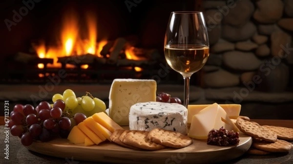Fototapeta A cheese platter and wine presented in front of a fire.