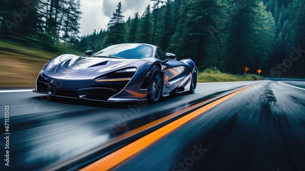 Fototapeta An electric car accelerates rapidly on an empty road, showcasing the powerful performance of electric vehicles