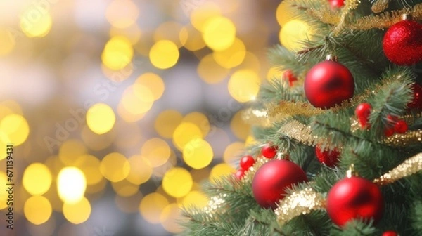 Fototapeta Merry Christmas and Happy New Year. Festive bright beautiful background. Decorated Christmas tree on blurred background. de-focused lights, gold bokeh