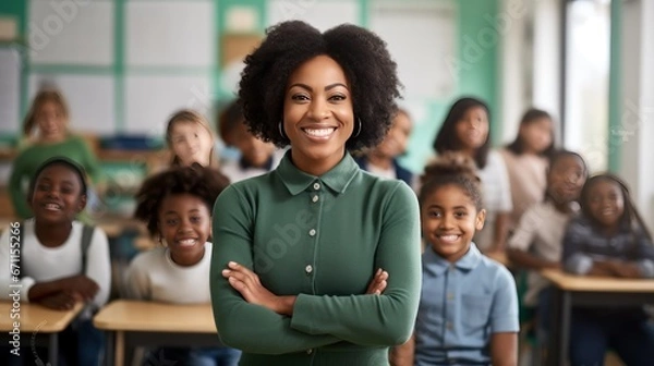 Obraz Portrait of smiling black female teacher in a class at elementary school looking at camera with learning. generative ai