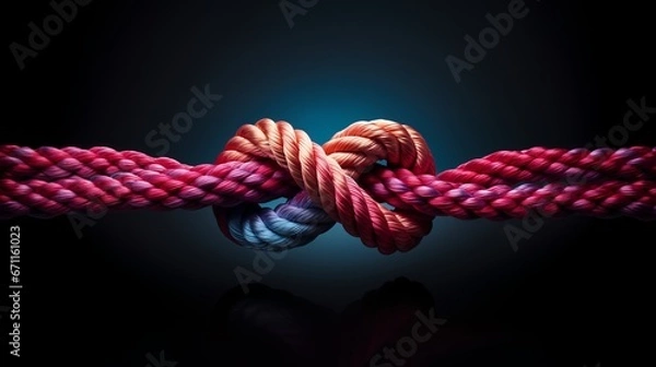Fototapeta Team rope diverse strength connect partnership together teamwork unity communicate support. Strong diverse network rope team concept integrate braid color background cooperation empower power.