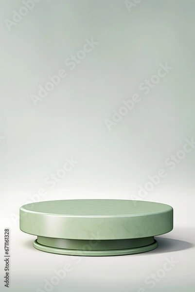 Fototapeta A green table with a white background, empty podium mockup for beauty product