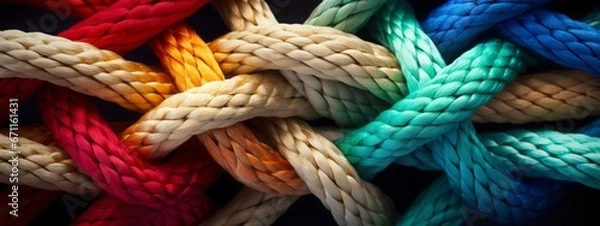 Obraz Team rope diverse strength connect partnership together teamwork unity communicate support. Strong diverse network rope team concept integrate braid color background cooperation empower power.