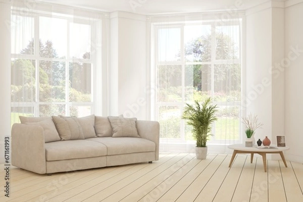 Fototapeta Bright interior design with modern furniture and summer landscape in window. 3D illustration