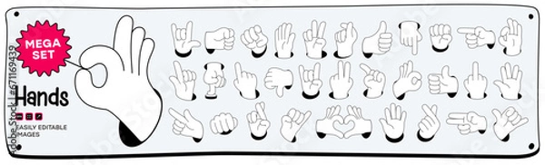 Obraz Mega set of Cartoon comic hands gestures with different signs and symbols. Gesturing human arms in doodle style. Hands poses. Vector illustration
