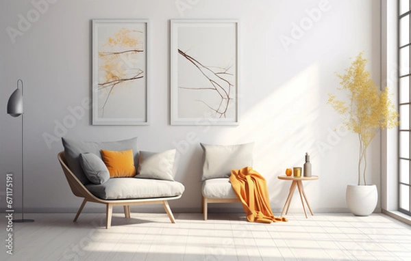 Fototapeta Stylish orange colour living room with design furniture, plants, book stand and wooden desk. Modern decor of bright room. Created with Generative AI