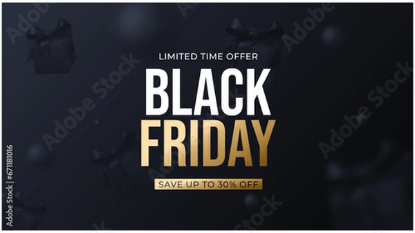 Fototapeta Black friday banner,  black background with golden elements