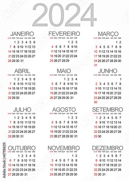 Fototapeta 2024 Calendar template in Portuguese on white background. Simple desktop planner. Week starts on Sunday.