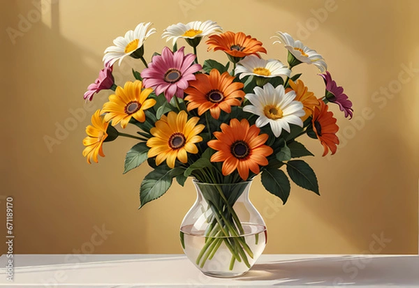 Fototapeta Bouquets of flowers in a vase in a decorative space with a pastel background