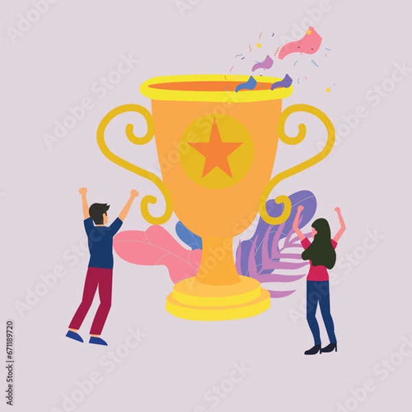 Obraz Business Team Success Concept People Celebrating Success With Giant Golden Trophy Achievement , Business competition win vector