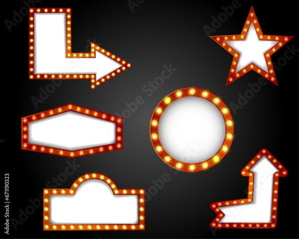 Fototapeta Retro lightboxes, cinema signs or billboard signage. Vector movie theater light frames. Retro lightboxes and signboards for circus show, Vegas casino club, vintage light bulb boxes, banners