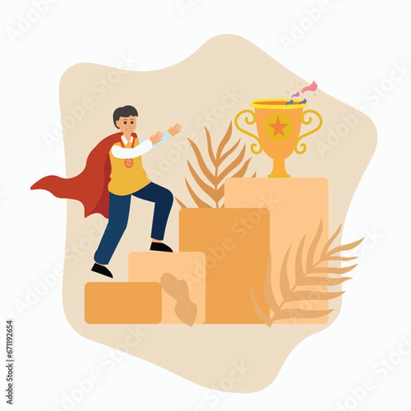 Obraz Businessman is about to reach to his goal , young man standing with business award , male holding a victory trophy prize , Win contest Illustration