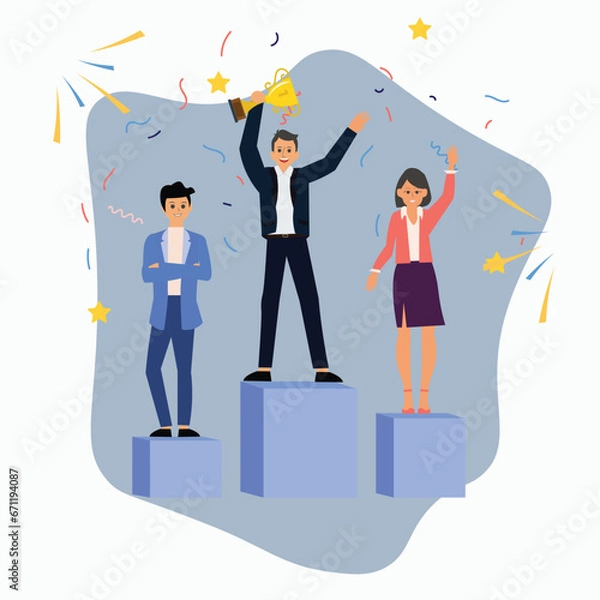 Obraz Vector happy businessmen standing on the winning podium with trophy . man get reward with golden trophy cup. teamwork, first place holding trophy , win contest illustration