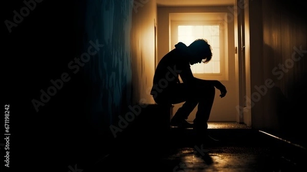 Fototapeta Lonely person feeling depressed and stressed. Mental struggle with thoughts about suicide. Dark emotions and feelings from depression, anxiety, bipolar and Schizophrenia. Human in breakdown moment.