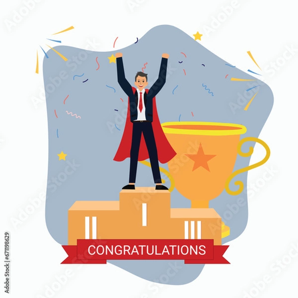 Obraz Businessman with golden cup , young man standing with business award , male holding a victory trophy prize , Win contest Illustration