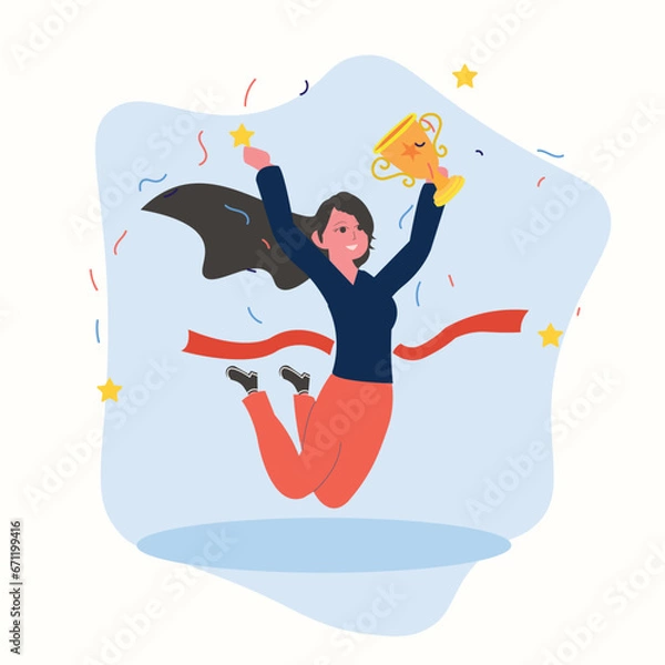 Obraz Vector woman winning the competition and getting golden trophy , contest winner vector , woman with trophy isolated