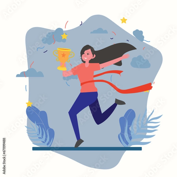 Obraz Running woman winning the competition and getting golden trophy , contest winner vector , woman with trophy isolated