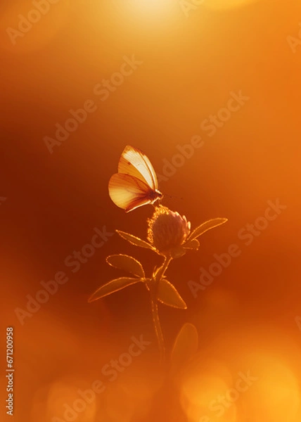 Obraz Delicate butterfly and clover flower in backlight.
