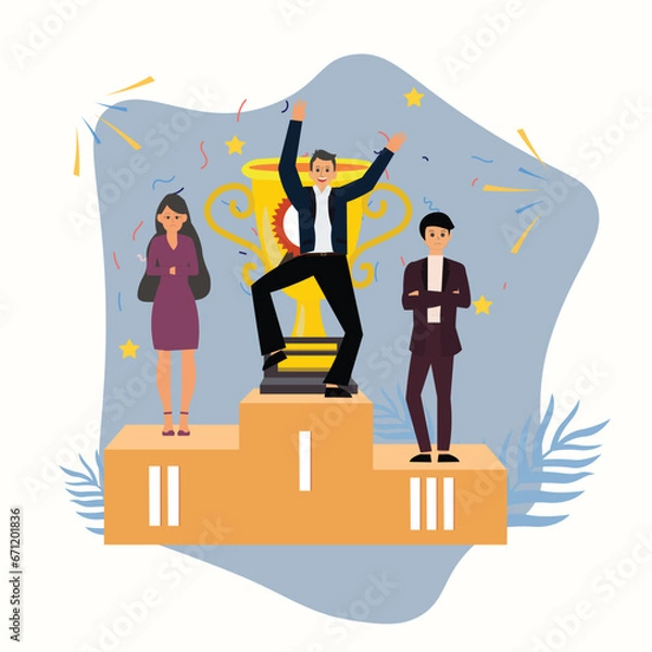 Obraz Vector happy businessmen dancing on the winning podium with trophy . man get reward with golden trophy cup. teamwork, first place holding trophy
