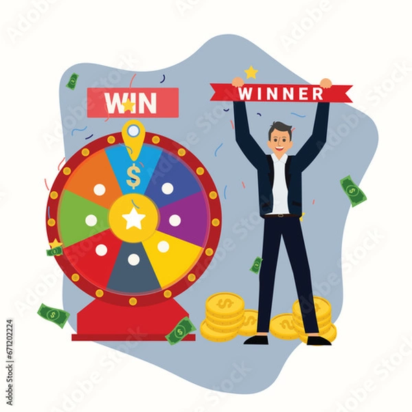Obraz Lucky Person Man and Gambling Fortune Wheel Vector , contest win vector , Businessman won lottery in a contest illustration