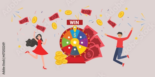 Obraz Lottery winner people male and female characters spinning wheel and getting prize man and woman winning jackpot risking and getting money players successfully rotating machine vector , win contest