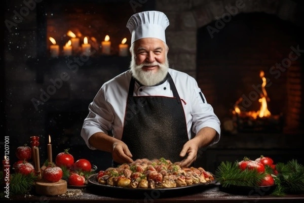 Fototapeta Chef cooking holiday dinner in New Years attire background with empty space for text 