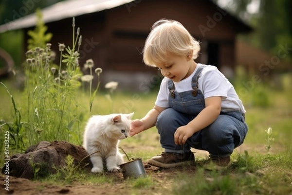Fototapeta little blonde boy playing with a little cat in a country yard