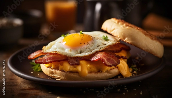 Fototapeta A gourmet grilled pork sandwich on a rustic toasted bun generated by AI