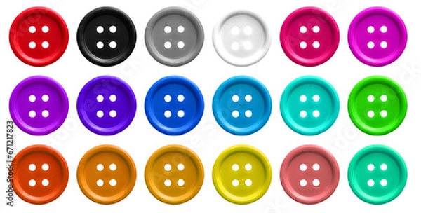 Fototapeta Colourful plastic clothes plastic sewing button on transparent background cutout, PNG file. Many assorted different colours. Mockup template for artwork graphic design. 3D mock